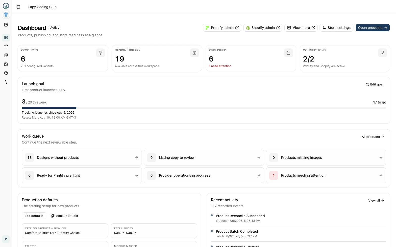 NeedlePOD dashboard showing products, designs, publishing progress, provider connections, and the work queue