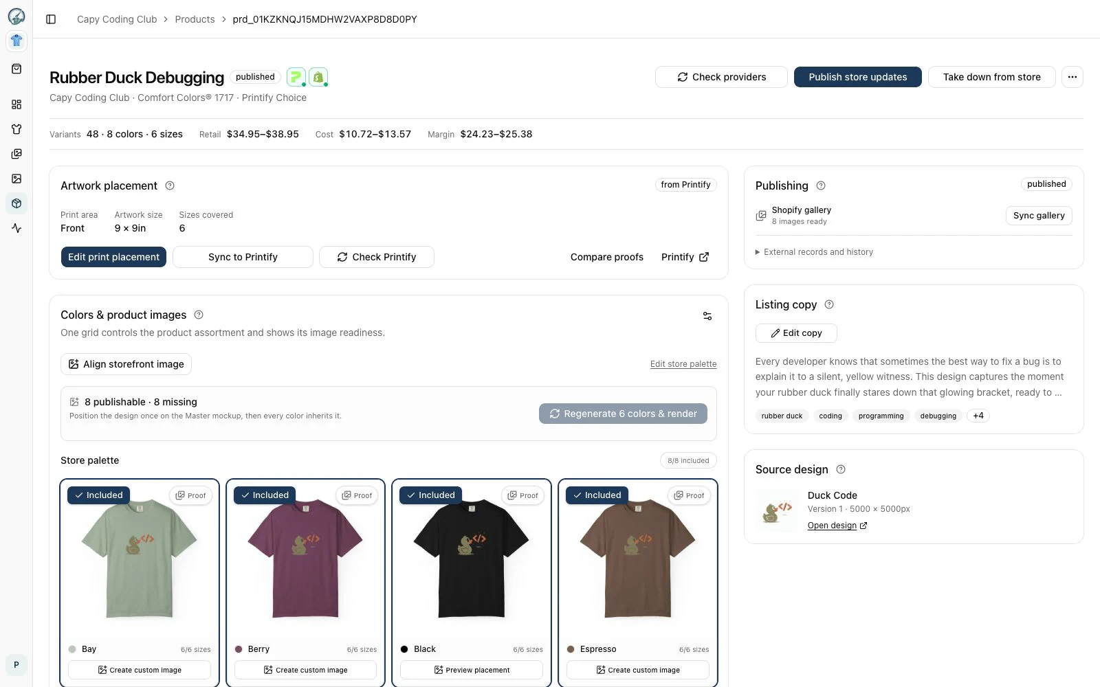 NeedlePOD product workspace showing provider sync state, artwork placement, retail margin, listing copy, storefront gallery, and product images